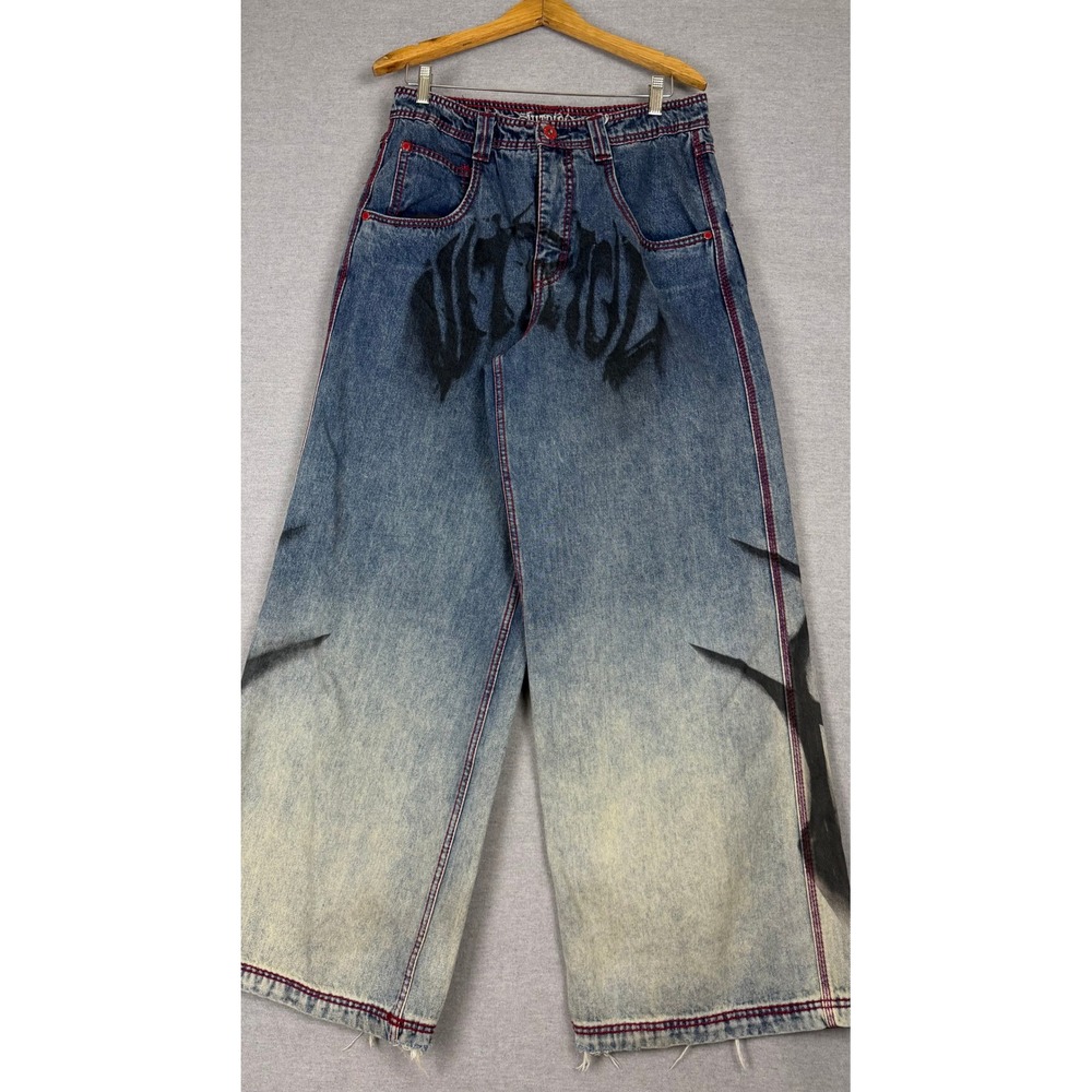 Vitriol Baggy Y2K Jeans Mens 31x31 Wide Leg Tribal Graphic Red Stitch Denim